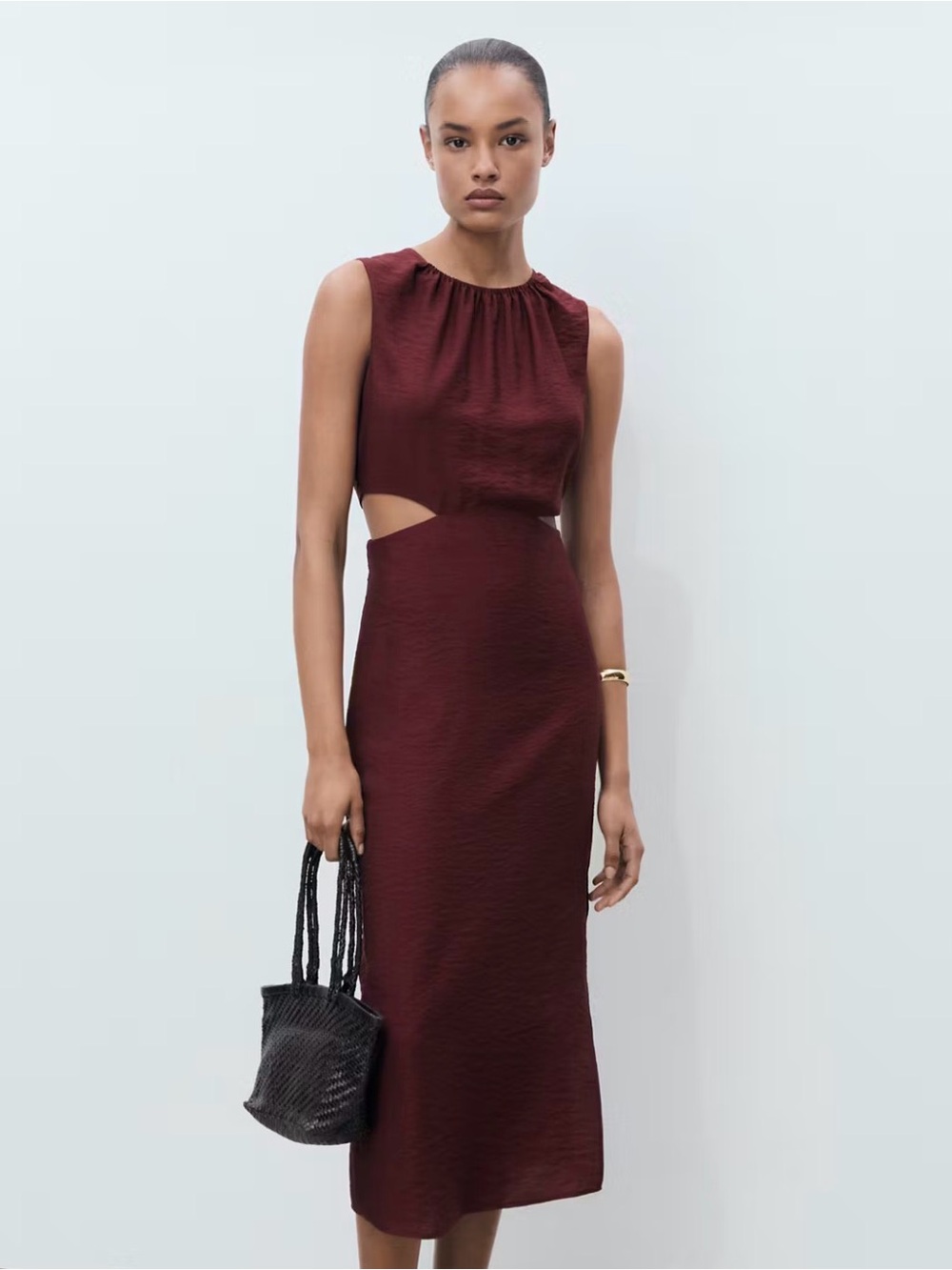 Mango Sleeveless Cutout Midi Dress in Burgundy